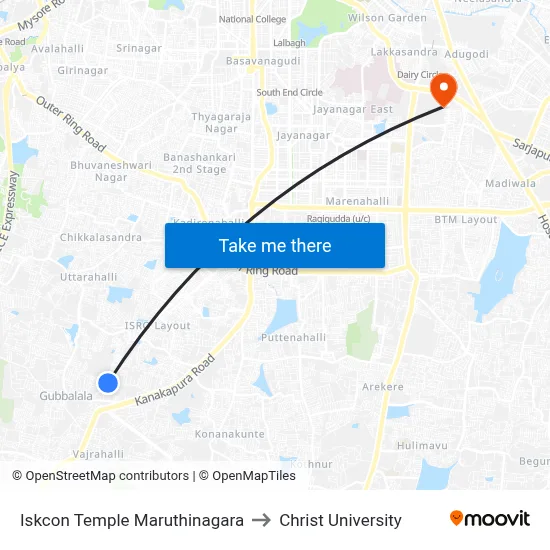 Iskcon Temple Maruthinagara to Christ University map