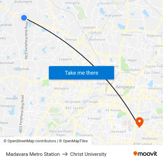 Madavara Metro Station to Christ University map