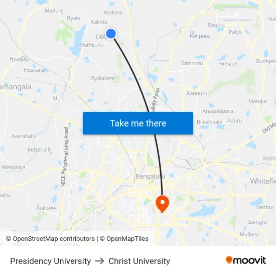 Presidency University to Christ University map