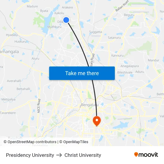Presidency University to Christ University map