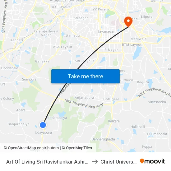 Art Of Living Sri Ravishankar Ashram to Christ University map