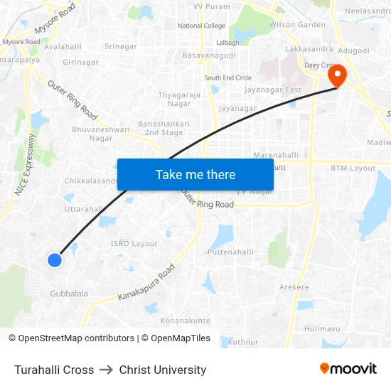 Turahalli Cross to Christ University map