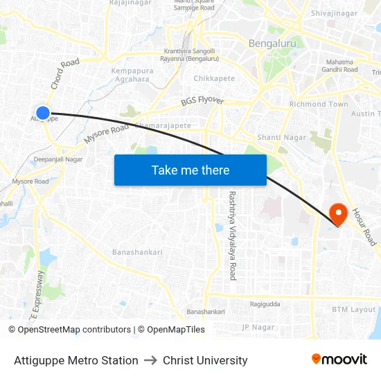 Attiguppe Metro Station to Christ University map