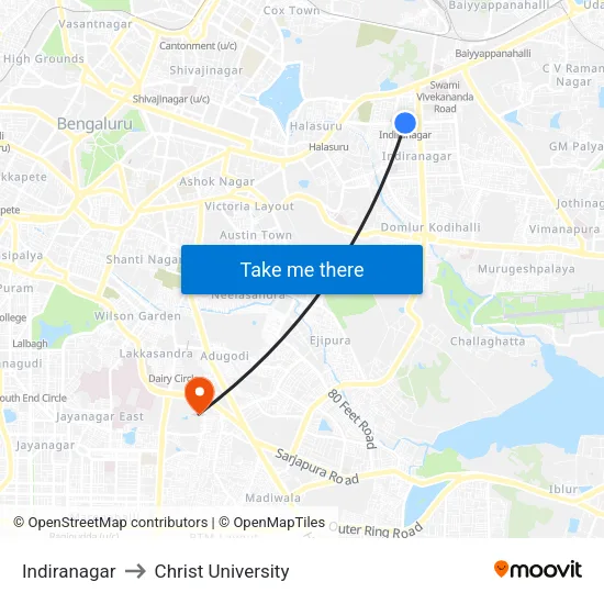Indiranagar to Christ University map