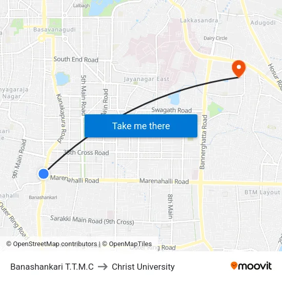 Banashankari T.T.M.C to Christ University map