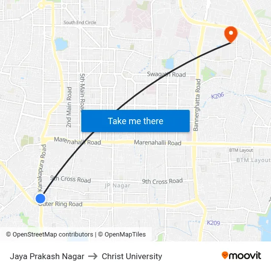 Jaya Prakash Nagar to Christ University map