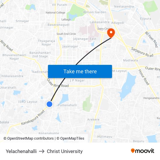 Yelachenahalli to Christ University map