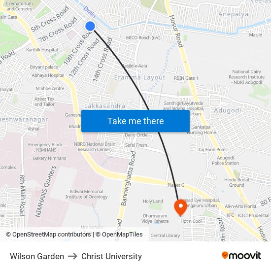 Wilson Garden to Christ University map