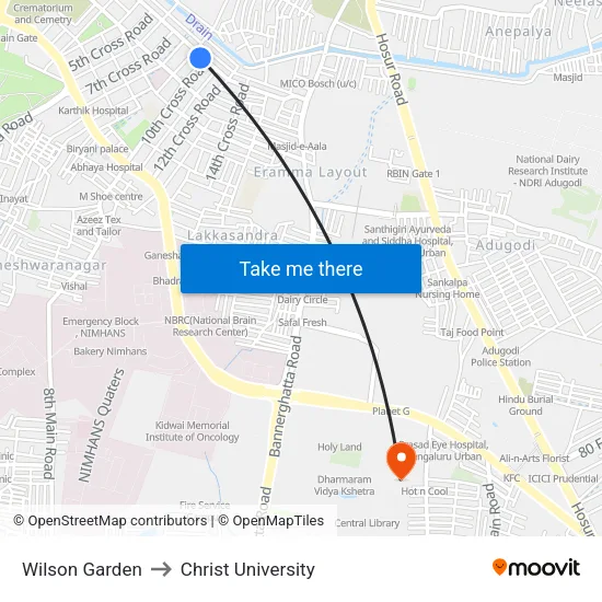 Wilson Garden to Christ University map
