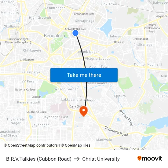 B.R.V.Talkies (Cubbon Road) to Christ University map