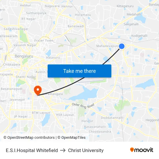 E.S.I.Hospital Whitefield to Christ University map