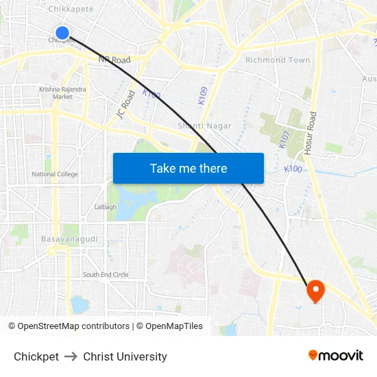 Chickpet to Christ University map