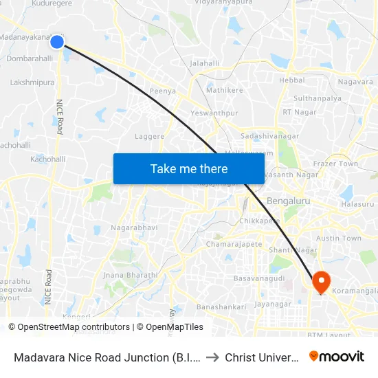 Madavara Nice Road Junction (B.I.E.C) to Christ University map