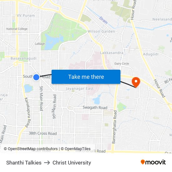 Shanthi Talkies to Christ University map