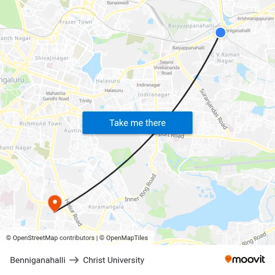 Benniganahalli to Christ University map