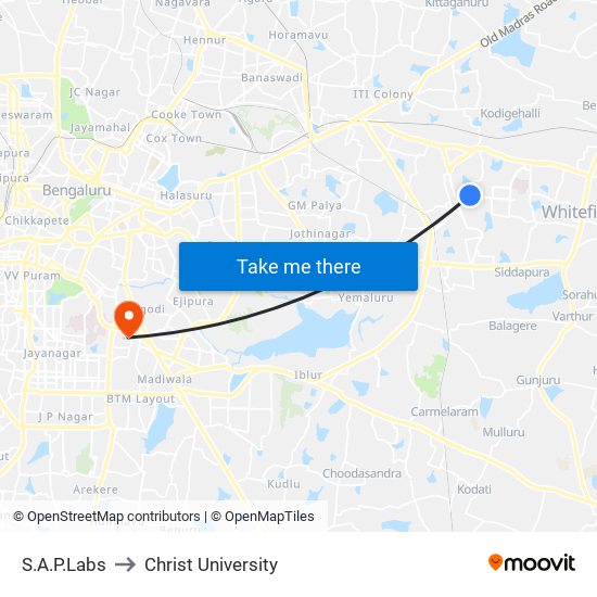 S.A.P.Labs to Christ University map