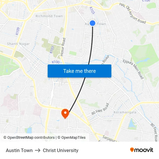Austin Town to Christ University map