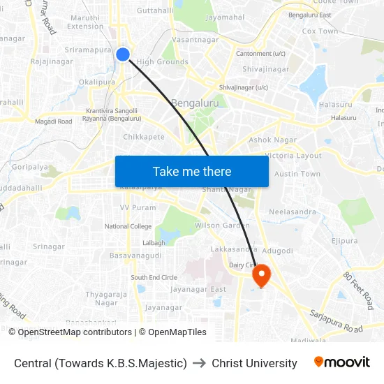 Central (Towards K.B.S.Majestic) to Christ University map