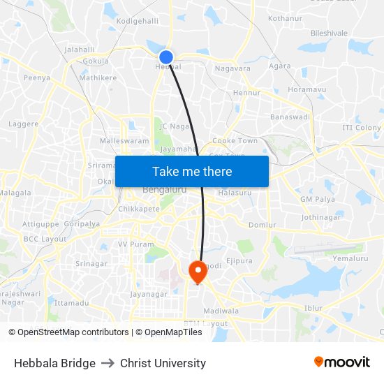 Hebbala Bridge to Christ University map