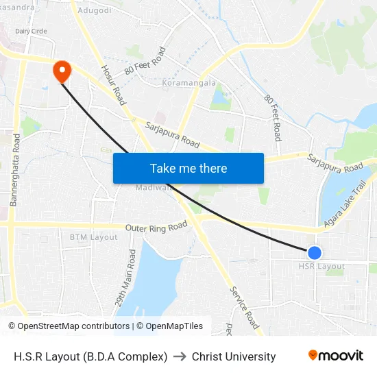 H.S.R Layout (B.D.A Complex) to Christ University map