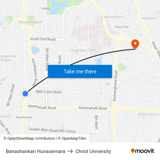 Banashankari Hunasemara to Christ University map