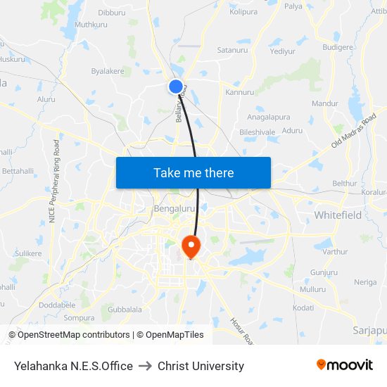 Yelahanka N.E.S.Office to Christ University map