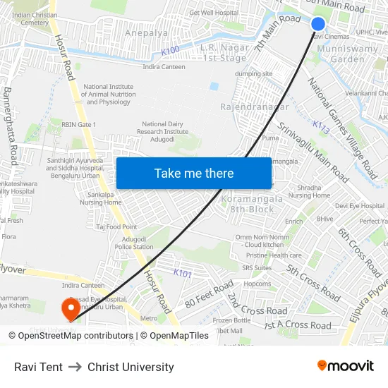 Ravi Tent to Christ University map