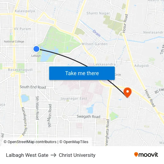 Lalbagh West Gate to Christ University map