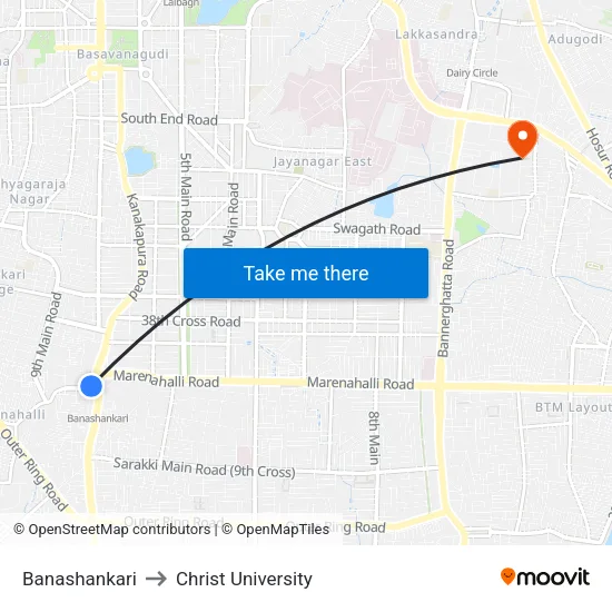 Banashankari to Christ University map