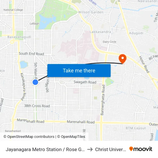 Jayanagara Metro Station / Rose Garden to Christ University map