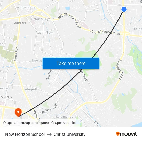 New Horizon School to Christ University map