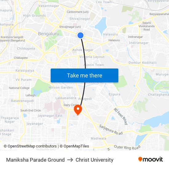 Maniksha Parade Ground to Christ University map