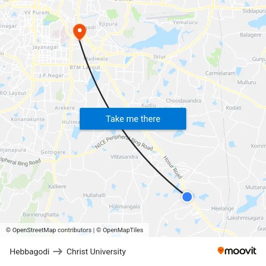 Hebbagodi to Christ University map