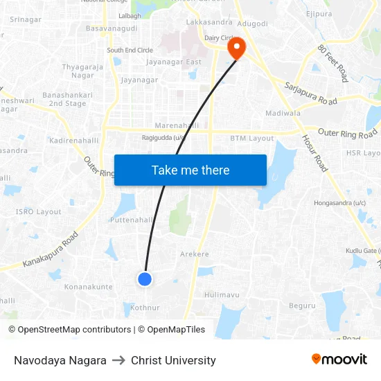 Navodaya Nagara to Christ University map