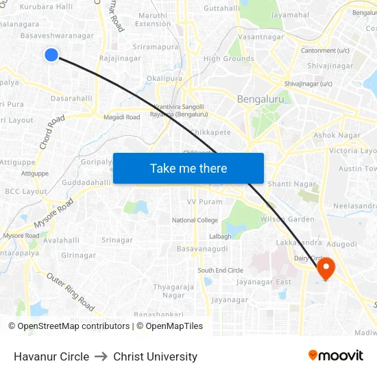Havanur Circle to Christ University map