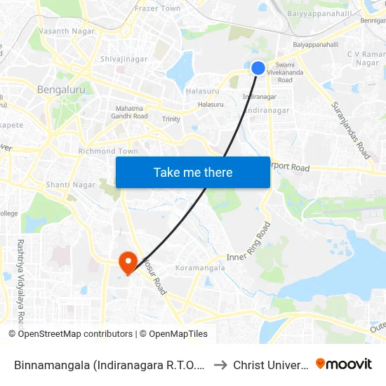 Binnamangala (Indiranagara R.T.O.Office) to Christ University map