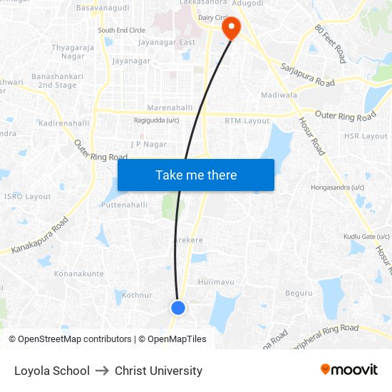 Loyola School to Christ University map