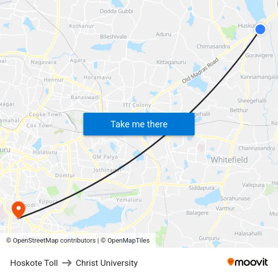 Hoskote Toll to Christ University map