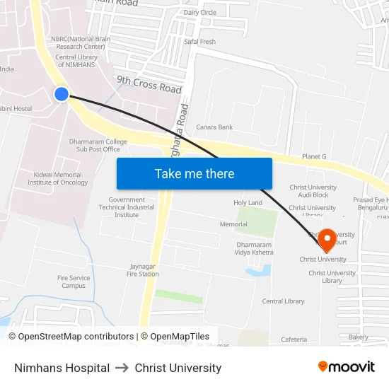 Nimhans Hospital to Christ University map