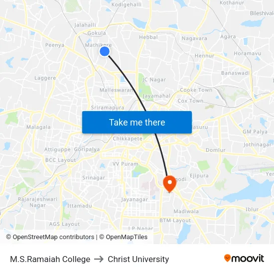 M.S.Ramaiah College to Christ University map