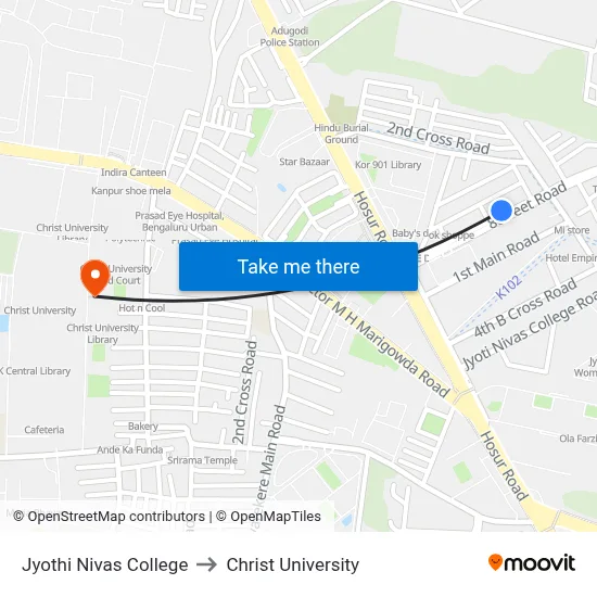 Jyothi Nivas College to Christ University map