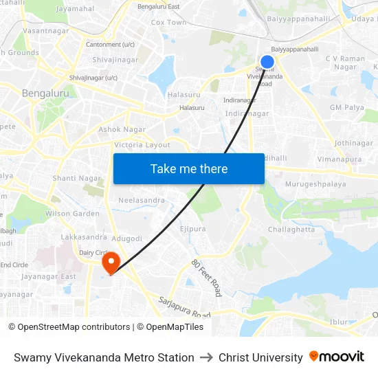 Swamy Vivekananda Metro Station to Christ University map