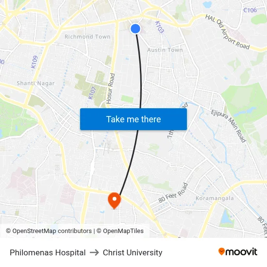 Philomenas Hospital to Christ University map