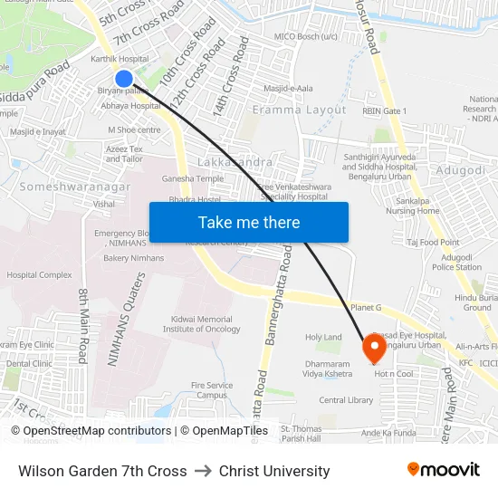 Wilson Garden 7th Cross to Christ University map