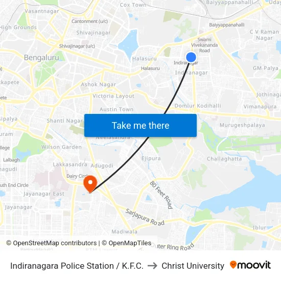 Indiranagara Police Station / K.F.C. to Christ University map