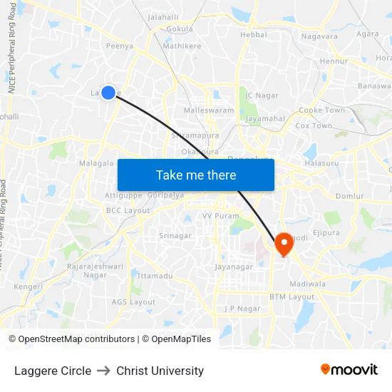 Laggere Circle to Christ University map