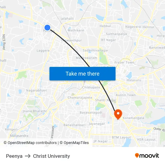 Peenya to Christ University map