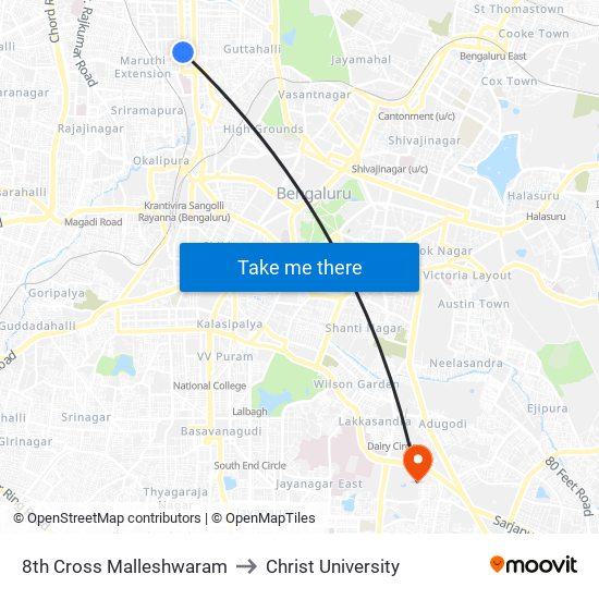 8th Cross Malleshwaram to Christ University map