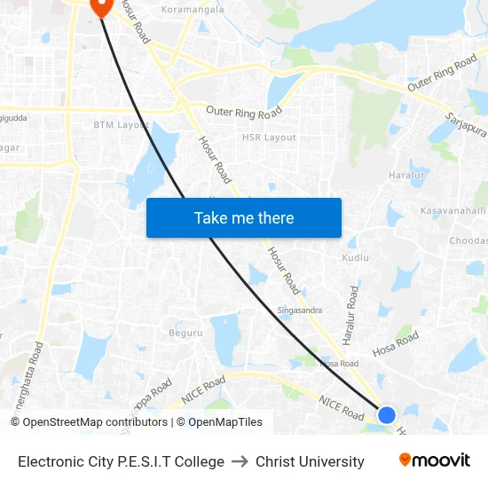 Electronic City P.E.S.I.T College to Christ University map