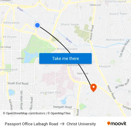 Passport Office Lalbagh Road to Christ University map